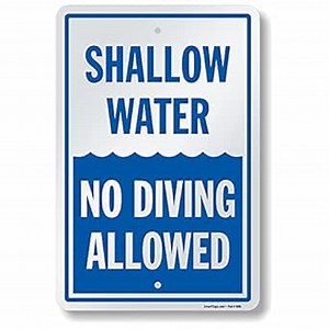 SmartSign 18 x 12 inch “Shallow Water - No Diving Allowed” Metal Sign with Pre-Cleared Holes, Screen Printed, 63 mil Laminated Rustproof Aluminum, Blue and White, Made in USA