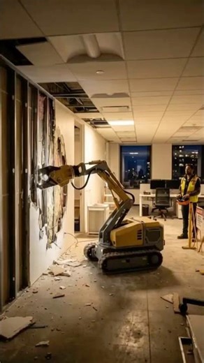 Robot Strips Office Walls at Night #demolition #demolitionrobot #renovation