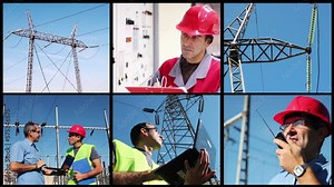 Electric Power Transmission - Multi Screen Video. Power Plant Engineer In Control Room. Power Lines And Transmission Towers In A Field. Electricity Distribution Workers At Work. Electrical Substation