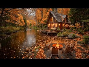 Autumn Forest Cabin by the River | Crackling Fire, Birds Singing & Nature Sounds