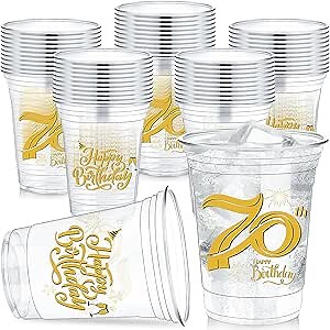 60 Pcs 12 oz 70th Birthday Party Plastic Cups Clear Happy Birthday Disposable Plastic Cups Tumblers for Celebrating 70 Years Disposable Party Supplies