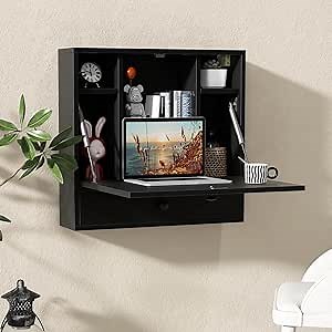 Wall Mounted Desk, Floating Laptop Computer Desk, Folding Wall Table with Storage Drawer and Shelves, Space Saving Hanging Drop Leaf Table for Small Spaces (Black)