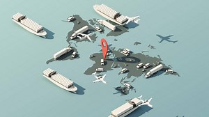 international transport shipping concept podium product stand surrounded by cardboard boxes, a cargo container ship, a flying plane, a van and a truck isolated on white background 3D rendering