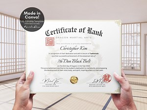 Editable Certificate of Rank Recognition for Martial Arts Certification, Martial Arts Gifts, Editable Canva Templates - Digital Download - Etsy