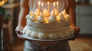 Holding a Birthday cake. Close up festive cake with burning candles happy bearded unrecognizable birthday man smiling make wish celebrate event with friends at home party celebration anniversary year