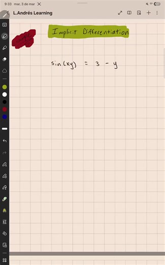 Implicit differentiation directly uses the chain rule. As you may notice, it involves a little more planning than a typical chain rule problem. See if you can follow along with this problem I solved and let me know if you have any questions! Happy Learning! 📚 #math #calculus #study #mathematics
