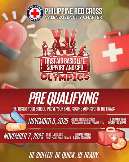 2.4K views · 32 reactions | Ready to rise to the challenge? The 15th First Aid, BLS & CPR Olympics Pre-Qualifying starts this November 6–7, 2025! Show your teamwork, speed, accuracy, and lifesaving skills. This is your moment. Represent your school and earn your place in the finals! #PRCValenzuela | Philippine Red Cross Valenzuela City Chapter | Facebook