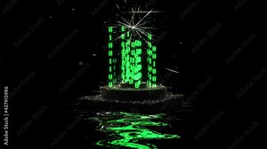 Computer generated matrix like screen saver with green numbers flowing up out of a stage that is floating in the water and a imploding like white star at the top and green reflection on the water.