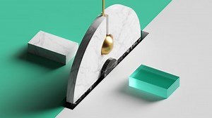loop animation of eternal pendulum swinging, 3d gold ball and rotating wheel. Repeated beat. Computer generated seamless motion design of simple geometric shapes. Live image, modern animated poster.