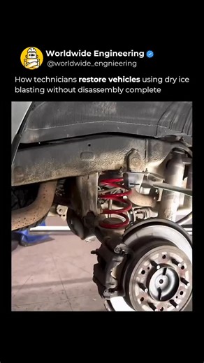 WORLDWIDE ENGINEERING 🌍 on Instagram: "Advanced cleaning without taking anything apart. In this clip technicians use dry ice blasting to clean vehicles with extreme precision. Solid CO₂ pellets hit the surface at high pressure, instantly removing dirt, grease, and buildup without water, chemicals, or disassembly. The process leaves no residue and reaches areas traditional cleaning methods cannot. This technique shows how smart engineering can save time, reduce wear, and deliver factory level re