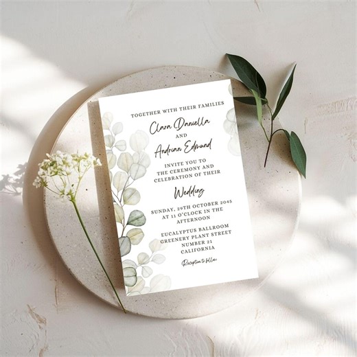 Eucalyptus Wedding Invitation Template, Sage Greenery Botanical Invite (editable Canva) - Etsy