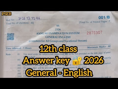 12th class General -English final exam Answer key 🗝️ 2026|full solved video|PSEB 