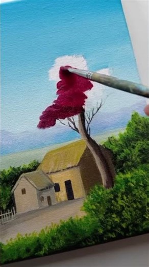 Beautiful Village Landscape Painting with Pink Tree 🌸 | Easy Acrylic Art