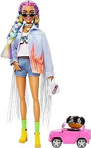 Barbie Extra Doll & Accessories with Rainbow Braids in Long-Fringe Denim Jacket with Pet Puppy and Car for Pet