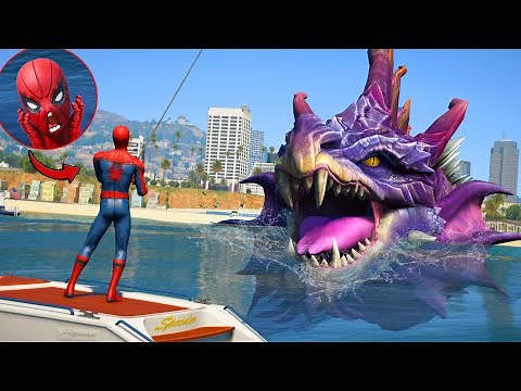 Spiderman Fishing a Giant Sea Monster ! Jormungandr Attack City GTA 5