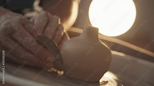 Close up of hands working clay on potter's wheel. Potter shapes the clay product with pottery tools on the potter's wheel, top view, toned cinematic, craft factory authentic