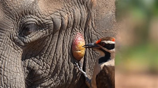 8-second wildlife-style video, seamless loop. A horse stands peacefully, its full head facing the camera. A bird engages in a repetitive behavior, pecking at a smooth, dome-shaped hard elastic outgrowth on the horse's face. The growth has a realistic, satin-like sheen. The pecking is persistent and metronomic, with the beak bouncing off cleanly after each contact. The shot is beautifully focused on this interaction, making the texture and subtle shine the central point of interest. The loop is t