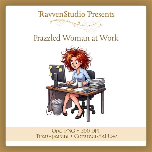 Frazzled Woman at Work Cartoon Clipart Single - Study School Work Stressed Out  - Commercial Use (Digital Download)