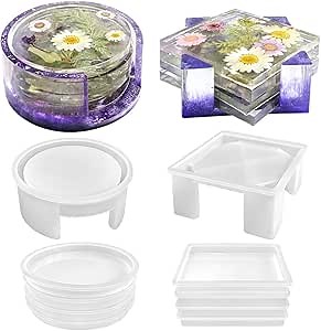 RESINWORLD Resin Coaster Molds Set, Upgrade 10 pcs Silicone Coaster Molds Kit Storage Box Mold for Resin Casting, Square Round Coaster Epoxy Molds