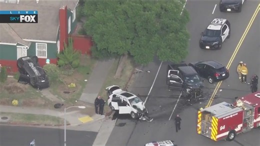 Car flips into Baldwin Hills home in crash; 3 other cars involved