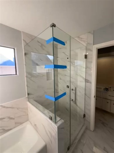 Frameless Shower Door Installation Transform your bathroom with elegance. Our custom shower glass installation brings a modern, open feel to your space while adding lasting value to your home. From frameless to sliding enclosures, we use premium glass and expert craftsmanship to ensure a flawless finish. Call Now For An Estimate 📲(346) 399-0228 ☎️(786) 942-3522 . . #glassinstallation #glassexperts #glassrailingstairs #showerdoorspecialist #officeglasspartitions #TintedorFrostedGlass | Diamond G