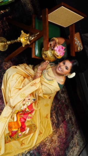 T H R E A D S on Instagram: "Chenthamara and The maiden of Threads. Sagunthala Devi - Raja Ravivarman painting saree- by Threads. @nanggaicollection - jewellery. @sparsha_designs - blouse. @loggeswarans.p - photography. @rz_sareedrapist - make up . @rudhabyyasha - kodam and Kuthuvilaku."