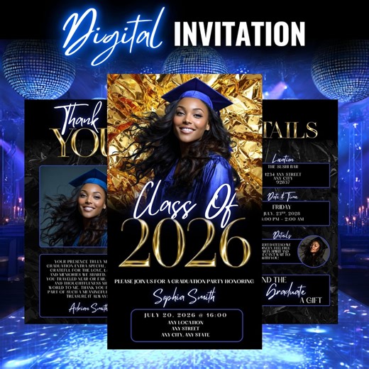 Buy Class of 2026 Graduation Invitation - Digital Grad Invite for Women - Modern Blue Editable Ecard Text Invite - Instant Download Online in India - Etsy
