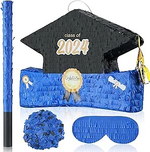 2024 Graduation Piñata 15.75 Inch Congrats Grad Cap Piñata Black Blue End of Year Piñata with Bat and Blindfold Confetti for College Graduation Party Decorations Supplies