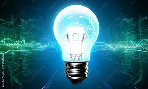 Glowing light bulb with digital energy waves and futuristic electric patterns on a vibrant background