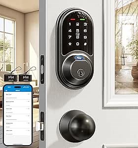 Veise RZ07C Smart Locks for Front Door, 2 Knob Handle Set, Fingerprint Keyless Entry, App Control Biometric Lock, Electronic Digital Touchscreen Keypad Deadbolt, Easy Install, Auto Lock, Matte Black