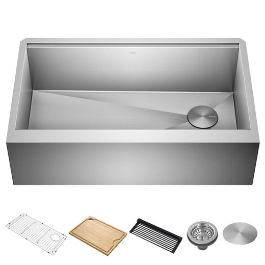 Check The Home Depot's Q&A Before Buying: KRAUS Kore 33 in. Farmhouse/Apron-Front Single Bowl 16 Gauge Stainless Steel Kitchen Workstation Sink with Accessories