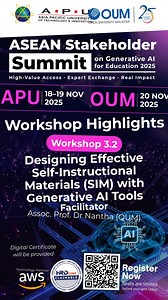 Experience hands-on sessions led by experts and distinguished academics. Power workshops you don’t want to miss. Discover how Generative AI is being applied in real-world educational contexts and explore its transformative potential. Seats are filling fast. Don’t miss your chance to be part of ASEAN’s most forward-thinking dialogue on AI in education. More workshops to be announced soon! Participation is open at an affordable fee. 👉 Register now: https://asean-ai.sites.apiit.edu.my/registration