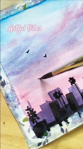 Easy Watercolor cityscape with silhouttes | Night sky #watercolorforbeginners #artshorts #ytshorts