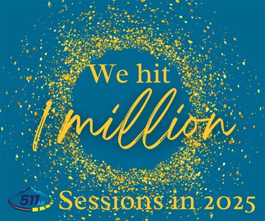 We've spent the past three years upgrading and improving our 511 systems to provide more accurate, more timely information for you, the traveler! While we have more improvements planned, we're pleased that you've noticed and have been relying on 511 as a trusted source for road weather conditions and construction impacts. In mid-December 2025 we hit over 1 million user sessions for the first time!! Here's to your safe travels in 2026. | Alaska Department of Transportation & Public Facilities
