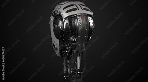 Turntable 360 degree animation of Futuristic robot head or humanoid cyborg. 3d rendering isolated on black background with alpha