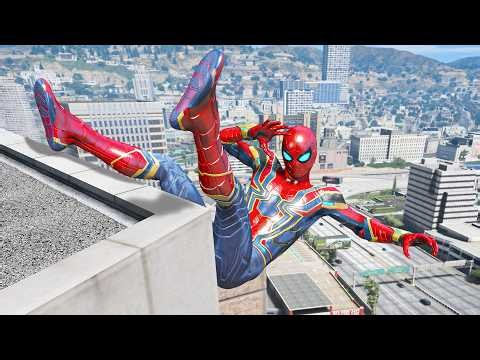 IRON SPIDERMAN Falling off Highest Buildings - (GTA 5 Spider-Man Gameplay Fails) Ep-19