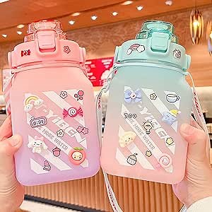 1500ML Large Water Jug with Straw, Square Kawaii Water Bottle, Portable Sports Bottle Big Belly Drinking Water Bottle with Cute Three-Dimensional Sticker for Girls Kids Adult