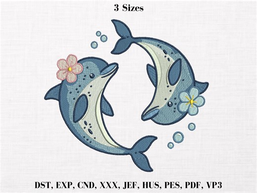 Dolphin Embroidery Design, Floral Dolphin Machine Embroidery File, Ocean Animal Beach Summer Pattern, 3 Sizes, Instant Download - Etsy