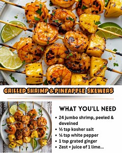 Sweet pineapple meets juicy grilled shrimp—easy skewers that taste like summer on a stick. 🍍🦐🔥 Grilled Shrimp & Pineapple Skewers Prep / Cook / Ready in: 15 / 10 / 25 minutes Servings: 4 (12 skewers) Ingredients 24 jumbo shrimp, peeled & deveined ½ tsp kosher salt ¼ tsp white pepper 1 tsp grated ginger Zest juice of 1 lime 3 Tbsp olive oil 24 pineapple cubes (1-inch pieces) 12 bamboo skewers (soaked in water 10 min) Preparation Soak skewers to prevent burning. Whisk oil, lime juice zest, salt