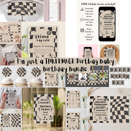 THREENAGE Dirtbag Party Invitation Bundle | Toddler Party Invite | Threenager | Digital Template - Etsy