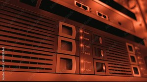 Dta servers while working. LED lights are flashing. Video can represent cloud computing, information storage, etc. Perfect technology background. Loopable.