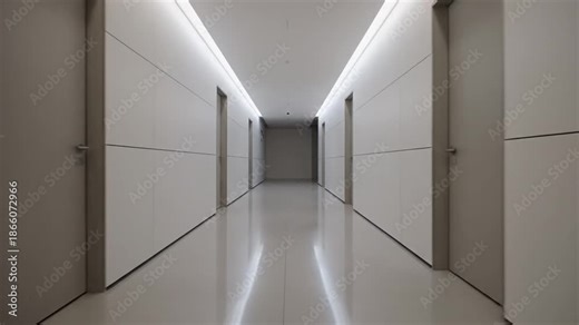 Sleek, modern minimalist corridor with reflective floor and bright strip lighting in a futuristic building interior