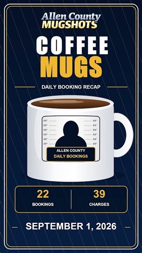 ☕ COFFEE MUGS A recap of September 1st 2026 new Allen County bookings and updated mugshots