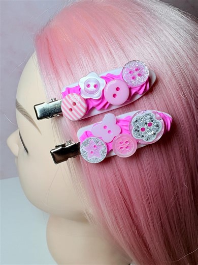 Hot Pink Decoden Button Hair Clips - Glitter, Striped, Butterfly Pins - Etsy