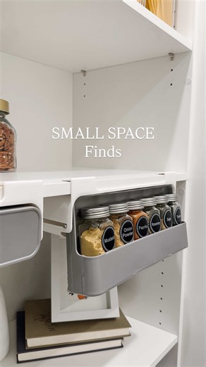 Amazon Organization Hack for Small Spaces. Linked in my Amazon Shop under SMALL SPACE. This pull-out spice rack is perfect if you are short on space. It easily attaches to any shelf and allows you to utilize unused space beneath. #amazon #amazonfinds #amazoncanada #amazonhacks #homeorganization