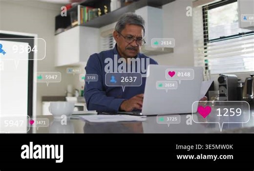 Animation of network of digital icons over businessman using laptop. Network connections social media and technology concept digitally generated video Stock Video Footage - Alamy