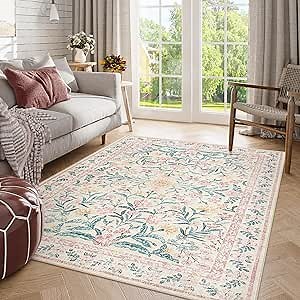 Morebes Floral Pink Rugs for Bedroom Girls, Washable 5x7 Area Rug for Nursery Decor, Indoor Soft Low-Pile Floor Boho Flower Carpet for Kids Playroom Dorm Living Room Dining Room