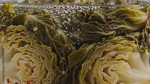 Kimchi Fermentation Process CloseUp of Napa Cabbage Submerged in Brine with Bubbles and Red Pepper Flakes Traditional Korean Cuisine Pickled Vegetables Probiotic Food Healthy Eating.