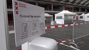 Hand sanitizing dispenser at entrance of drive-through voting station in Amsterdam, general elections Netherlands, Amsterdam, Netherlands - 15 Mar 2021