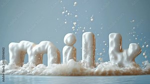 White milk text made of farm cow milk and splashes on light blue background. disappearing and reappearing animation effect. Concept of liquid, milk industry